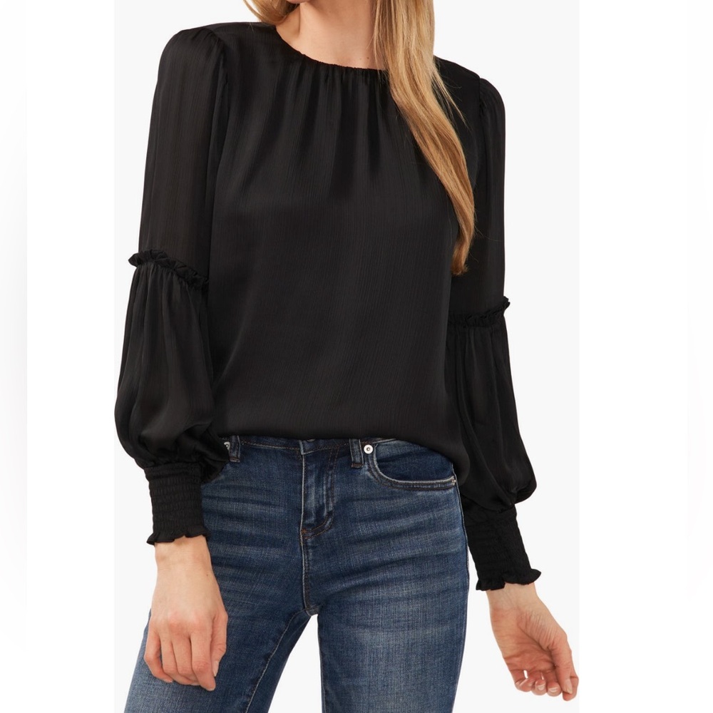 CeCe Rich Black Crinkle Satin Long Sleeve Florence Rose Top Size Large - Reemoly